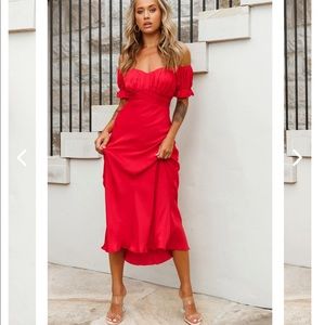 Off the shoulder red midi dress